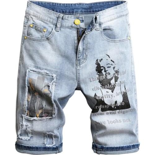 New Mens male summer Monroe character printed denim shorts Fashion letters painted holes pathwork ripped jeans Light blue