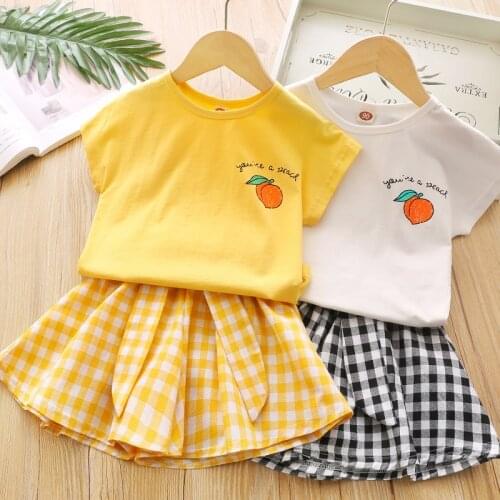 Baby Girl Dress Childrens Suit 2021 Summer New Casual Short-Sleeve Round Collar T-shirt Baby Girls Plaid Skirt Two-Piece Set
