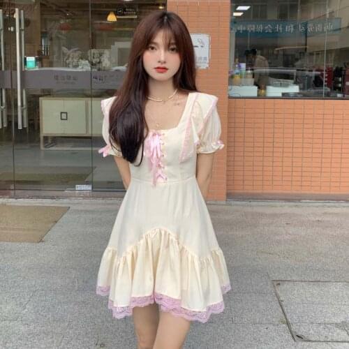 Japanese Sweet Soft Girl Preppy Style Dress For Women Korean Kawaii Lace Bandage Bow Cute Puff Sleeve A-Line Slim Princess Dress