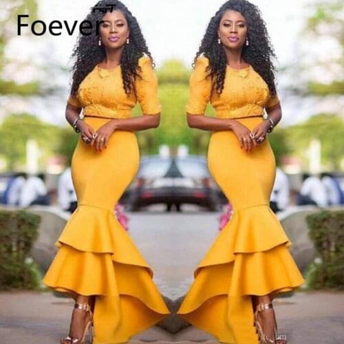 Yellow Two Pieces Prom Dresses Sexy Half Sleeve Lace Appliques Mermaid Chic High-Low Tiered Evening Gowns