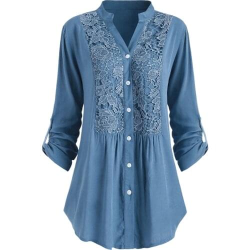 Plus Size Lace Crochet Roll Up Sleeve Shirt V-Neck Long Shirt Lace Women Solid Casual Tees Button Up Official Ladies Tunic Tops