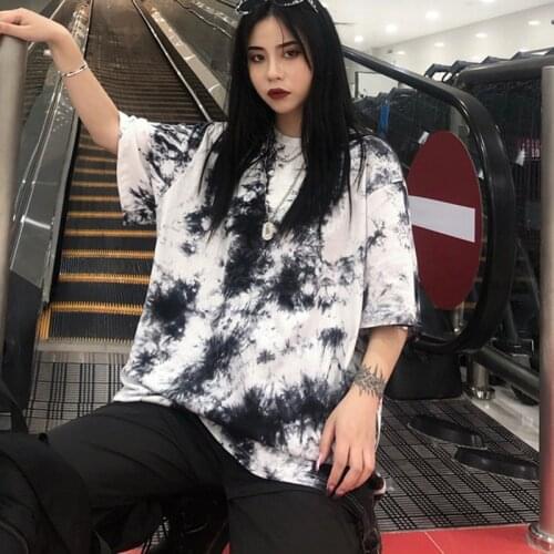 Hip Hop Style Tee Tie-Dye Print Womens T Shirt Casual Round Neck Short Sleeve Top Loose T-Shirt
