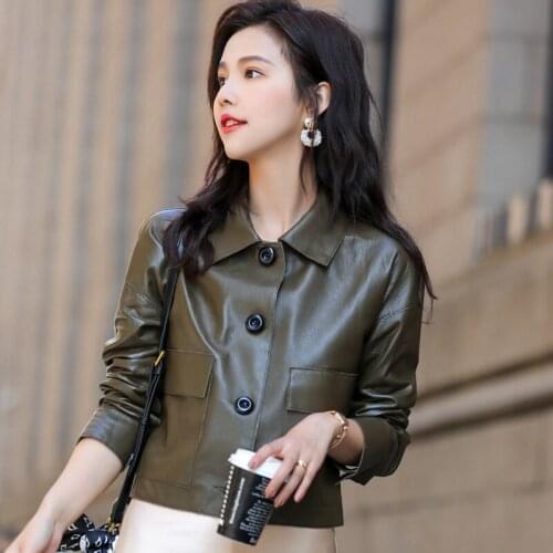 2021 Spring Autumn Real Sheepskin Coat Women Short Button Genuine Leathet Jacket Slim Motorcycle Casaul Womens Clothing WPY3862