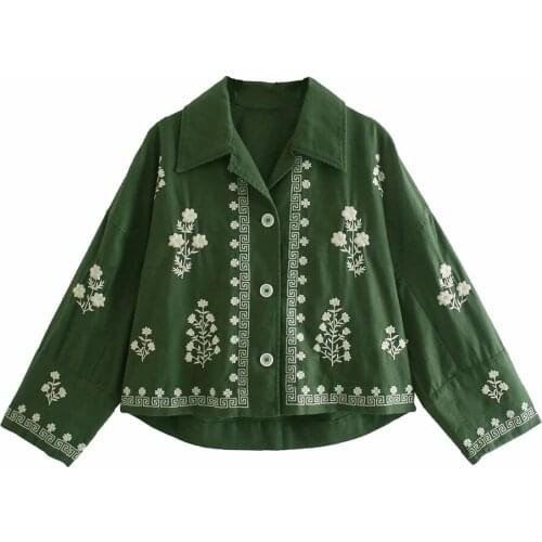 XEASY 2021 New Women Vintage Green Embroidery Shirt Female Fashion V Neck Single-Breasted Casual Streetwear Thin Shirt Chic Top