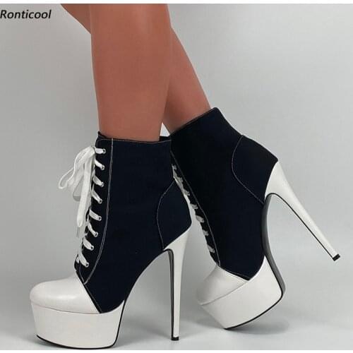 Ronticool Hot Handmade Women Platform Ankle Boots Denim Stiletto Heel Round Toe Black Red Blue Casual Shoes Plus US Size 5-20
