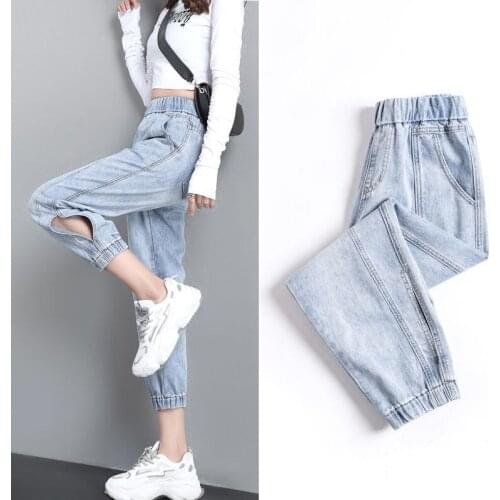 Woman Jeans Pants Womens High Waist Jeans Ankle-Tied Loose Elastic Waist Cropped Pants Pantalones Vaqueros Mujer