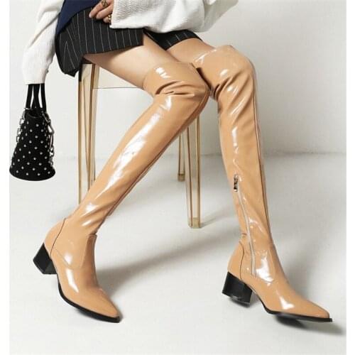 PXELENA 2021 Winter Plus Size 34-47 Women Thigh High Boots Patent Leather Med Heels Over The Knee Riding Boots Office Lady Party
