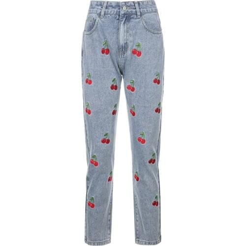 Women Pants Loose Jeans Embroidery Cherry Pocket Blue Denim Pants Women Casual Sweat High Waist Jeans Long Trousers