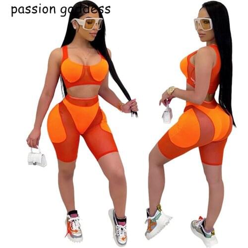 2021 Summer Plus Size Casual Two Piece Set Women Shorts Outfits Perspective Mesh Crop Top Skinny Sexy Clothing Sets Tracksuits