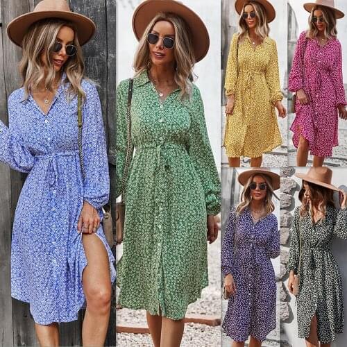 Autumn Women Dress 6 Colors Print Floral Full Sleeve A-Line With Belt Sexy V-Neck Winter Female Vestido OL Casual Robe C3032