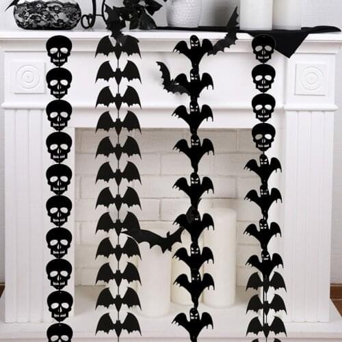 12pcs/string Halloween Decoration Non-woven Bat Skull Ghost String Black Hanging Ornament Scary Horror Halloween Garland Decor