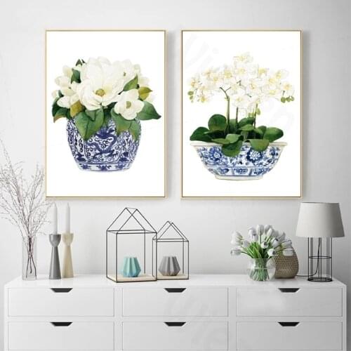 Watercolor Chinese Style Decorative Painting Jasmine Oriental Vase Blue and White Porcelain Canvas Poster and Print Home Decor
