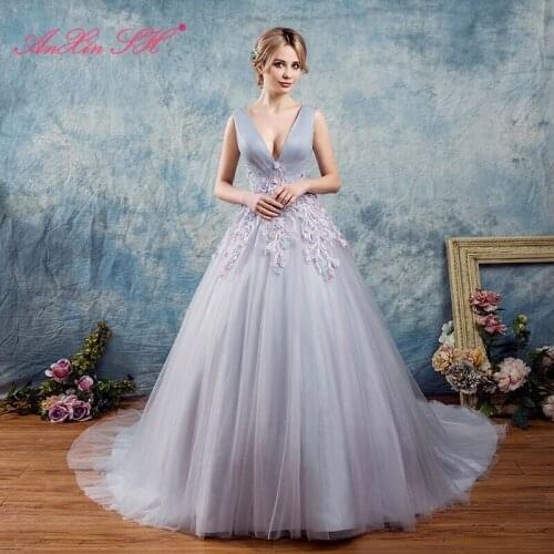 AXJFU silver lace flower Evening Dress tail princess v neck pink flower silver lace Evening Gowns Party lace evening Dress