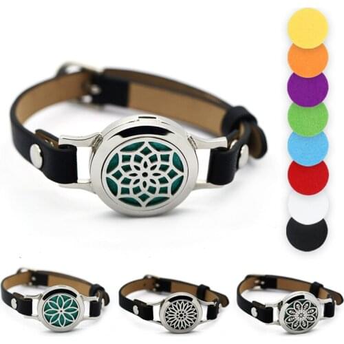 BOFEE Stainless Steel Aromatherapy Essential Oil Locket Bracelet Diffuser Aroma Magnetic Leather Lotus Flower Jewelry Gift 25mm