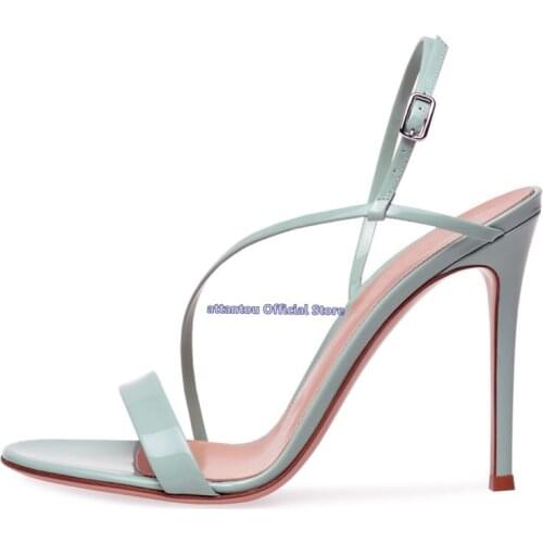 Summer fashion concise nude black leather narrow band patent leather ankle wrap sandals thin high heel Woman heeled dress shoes