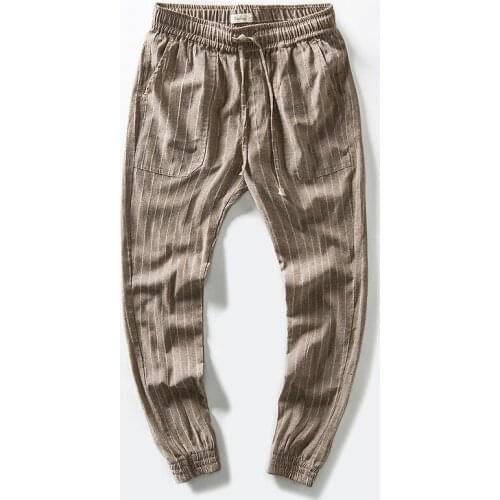New design pencil pants mens flax and cotton elastic casual pants men fashion autumn stripes trousers male broek pantalones