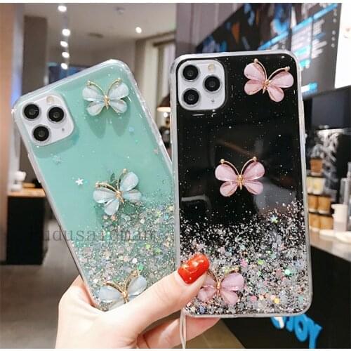 Butterfly Glitter Wrist Lanyard Phone Case For iPhone 11 12 Pro XR X XS Max SE 2020 7 8 6 6s Plus 5 5S 12 Mini Cover Coque