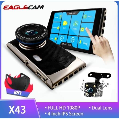 Eaglecam 4" IPS Touch Screen Dash Cam Dual Lens Full HD 1080P Car DVR Camcorder Night Vision Car Camera Parking Auto Registrar