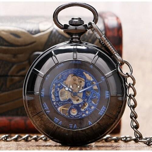 Hot Sale Black Hollow Case Blue Roman Number Skeleton Dial Steampunk Mechanical Pocket Watch with Chain Fob Watches Gifts