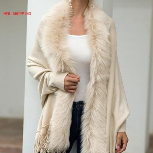 Fur Collar Cardigan Poncho Tassel Coats Woman Knit Cardigans Warm Scarf Female Oversized With Faux Fur Poncho Cape Shawl Sweater