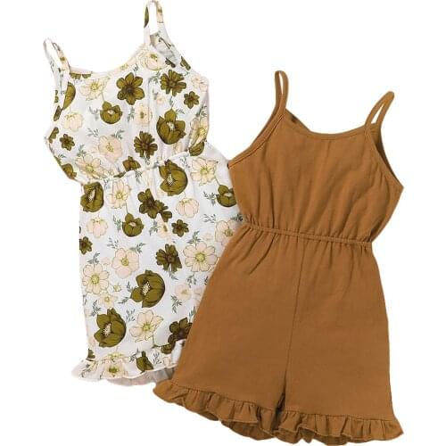 Citgeett Summer Kids Baby Girls Sleeveless O-neck Romper Floral Print/Solid Color Elastic Waist Sling Jumpsuit Clothes