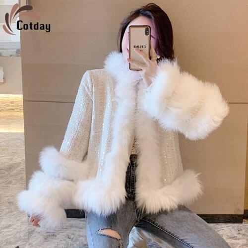 Cotday Short Tweed 2021 New Small Fragrant Sparkle Splicing White Fox Fur Winter Thick Warm Fur Coat Cotton Cardigan Fur Coat