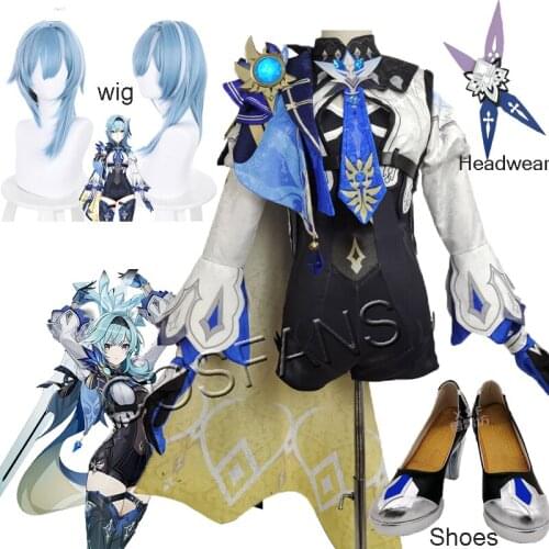 Anime Game Genshin Impact EuLa Battle Suit Uniform Gorgeous Dress Outfit Cosplay Costume Halloween Full set Wig shoes Props sock