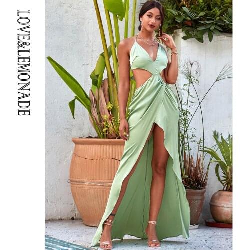 LOVE&LEMONADE Sexy Front Green Deep V-Neck Cross Whit Split Satin Maxi Dress LM82976-3