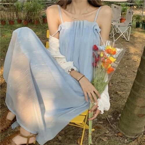 2021 Summer Boho Sweet Beach Midi Dress Women Elegant Vintage Pure Collor Strap Dress Female Party One Piece Dress Korean Chic