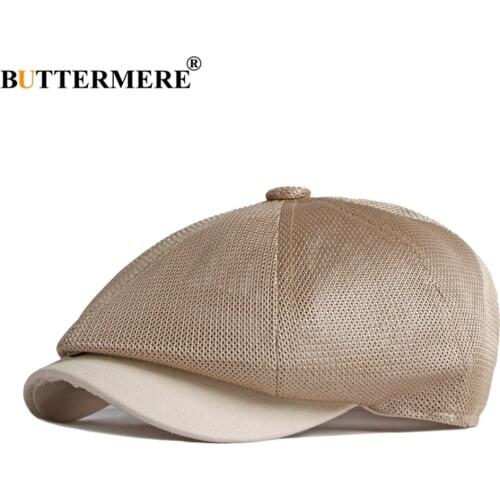 BUTTERMERE Newsboy Cap Summer Men Women Breathable Mesh Flat Cap Solid Gatsby Cabbie Driver Hat Retro Vintage Beret Boina Khaki