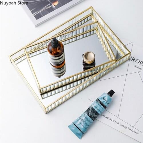 Nordic Copper Strip Glass Mirror Tray Cake Tray Dessert Table Set Tray Storage Tray Cup Storage Tray Living Room Decoration