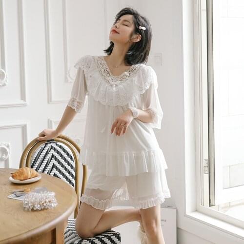 New palace lace pajamas summer fairy suit lace short sleeve shorts mesh nightwear housewear Female sleepwear lounge wear