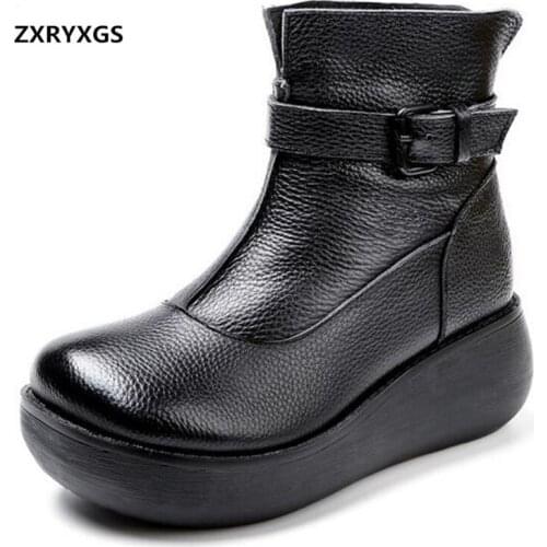 2019 New Autumn Winter Genuine Leather Shoes Woman Martin Boots Platform Shoes Wedge High Heels Women Boots Warm Snow Boots
