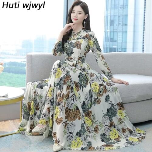 Autumn Winter 4XL Plus Size Vintage Midi Dress Women Bodycon Party White Vestido 2021 Black Floral Chiffon Boho Beach Maxi Dress