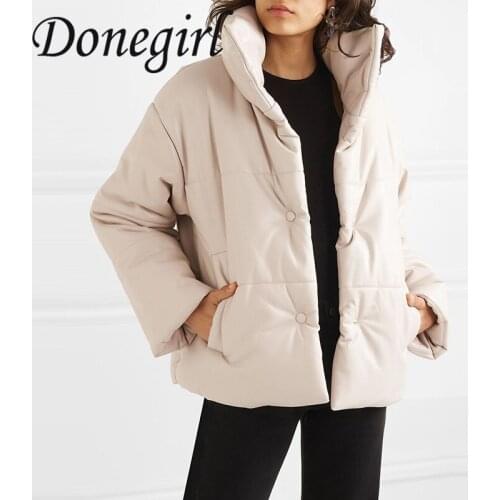 2021 Women PU Leather Parkas Fashion High Street Solid Faux Leather Coats Elegant Winter Thick Cotton Jackets Loose Outerwear ZA