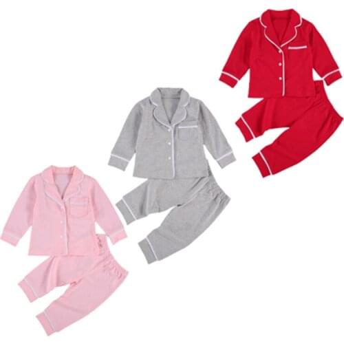 0-5Y Autumn Winter Girls Boys Pajama Sets Casual Solid Long Sleeve Single Breasted Tops Long Pants Children sleepwear Clothes