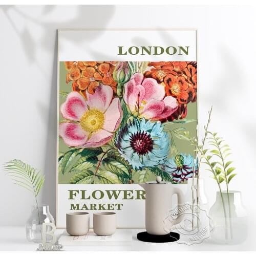 London Flower Market Art Poster, Colored Drawing Vintage Flower Print Poster, Britain Floral Leaf Wall Flower Shop Home Decor