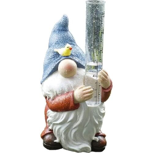 Resin Gnome Rain Gauge Cute Dwarf Elf Statue Sculpture Outdoor Garden Ornaments Decorations K0AB