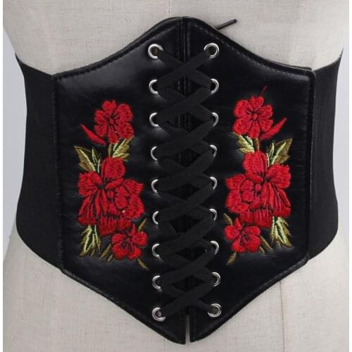 European Elastic Waist Embroidered Flower Belt Women Wide Lace Up Waistband Corset PU Leather Waist Slim Shaped Tied Belts
