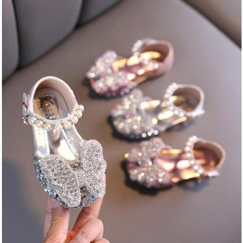 Girls Butterfly Sandals New Fashion Summer Girls Bling Princess Shoes Bead Dance Shoes Child Anti-slip Flats Sandals