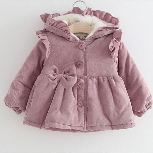 Cute Kids Toddler Baby Girl Bow Long Sleeve Solid Color Coat Winter Warm Thicken Corduroy Hooded Outwear Jacket for Little Girls