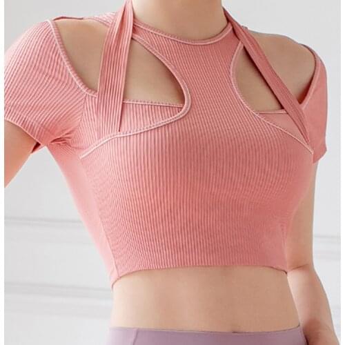 Sport Crop Top Yoga Hollow Hard Shoulder Sexy Women Workout Shirt Short Sleeve Fitness Silm Sports Wear for Women Gym
