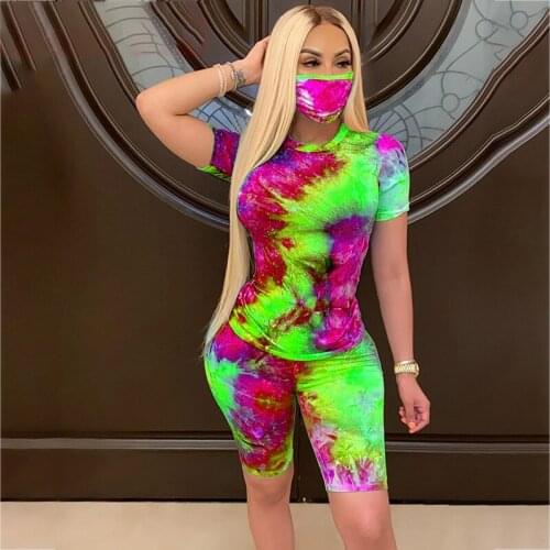 Tie-Dyeing Print Outfits Women 2021O Neck Short Sleeve 2Pcs Set Slim Set Women Tracksuit T-shirt Top Training Suit Streetwear