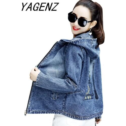 Hooded denim jacket loose 2021 new spring autumn women long-sleeve casual tops Korean student short jeans Coat Plus size 3XL