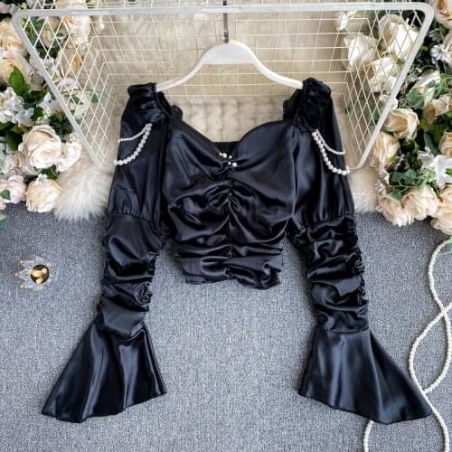 2021 Spring Women New Fashion High Street Pleated Short Sexy Tops Female Square Neck Long Flare Sleeve Pearl Shirt Blouse