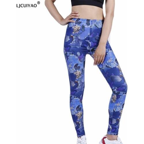 LJCUIYAO New Pants Women Leggings Fitness Soft Tights High Waist Dream Blue Flower Printing Pattern Sports Ankle-Length Clothes
