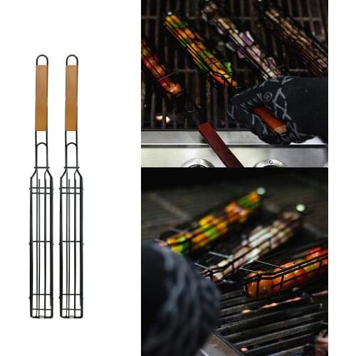 2pcs Barbecue Bar Shape Iron Skewer Basket Practical Barbecue Cage BBQ Mesh Holder Convenient Grill Basket For Party Camping