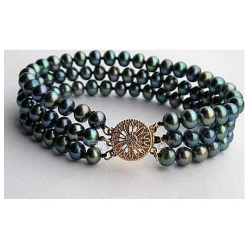 3 Rows Genuine Black Pearl Yellow Gold Plated Flower Clasp Bracelet