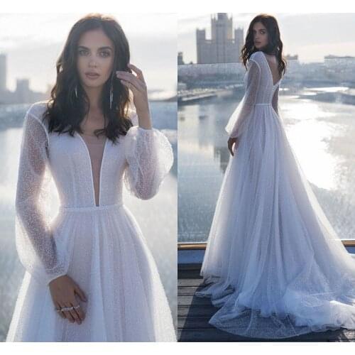 Glitter Princess Sequins Wedding Dresses Puffy Sleeves Illusion Shiny Boho Mariage Bridal Gowns Cutsomed Vestidos Casamento