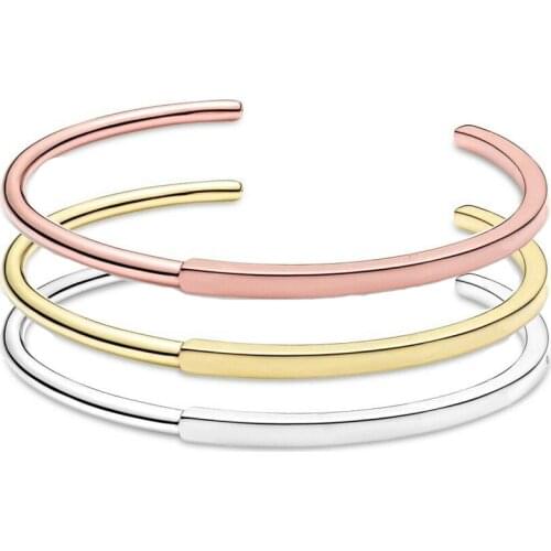 Authentic 925 Sterling Silver Bracelet Rose Gold Pan Signature I-D Bangle Fit Women Bead Charm Diy Pandora Jewelry